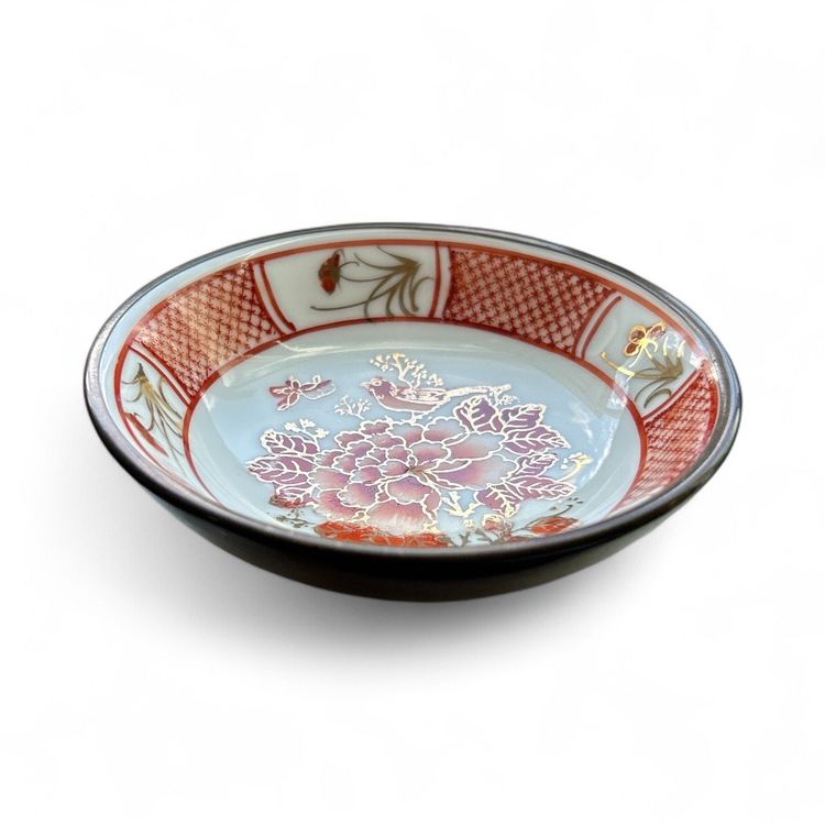 Hand Painted Hong Kong Stanley Red And Gold Ceramic And Brass Encased Trinket Dish