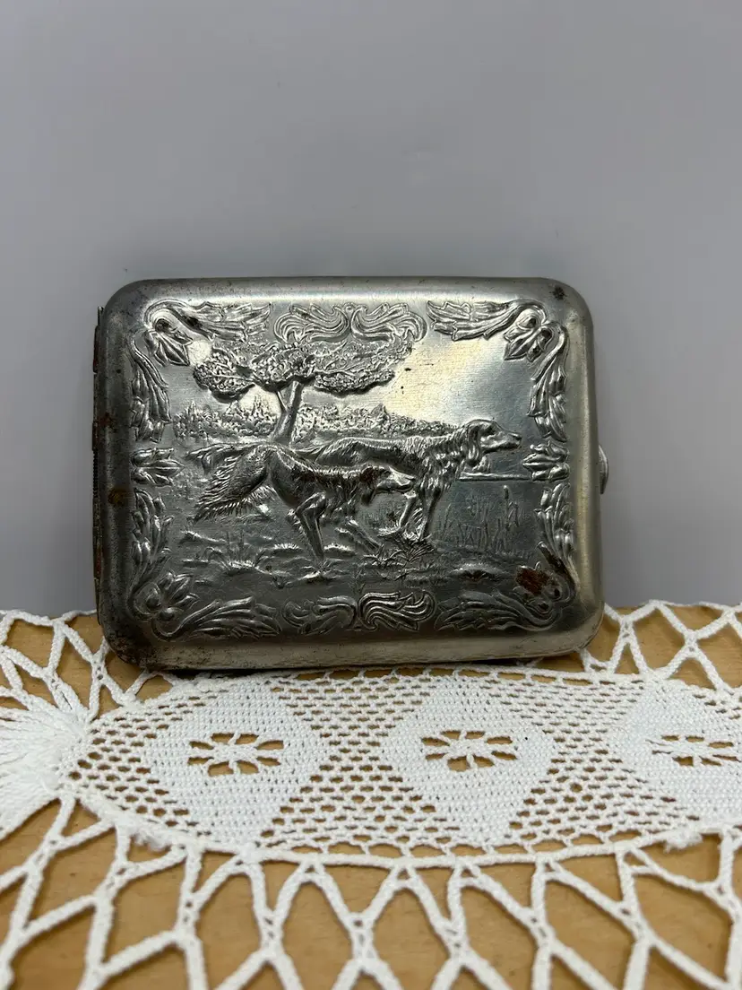 Vtg Soviet Cigarette Case W/ Hunting Dogs 4.5x3 3/4