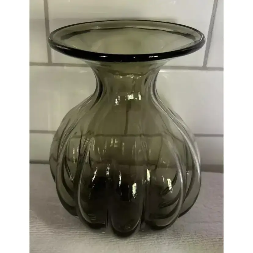 Vintage Hand-Blown Glass Ribbed Optic Gray Squat Vase Wide Flat Rim