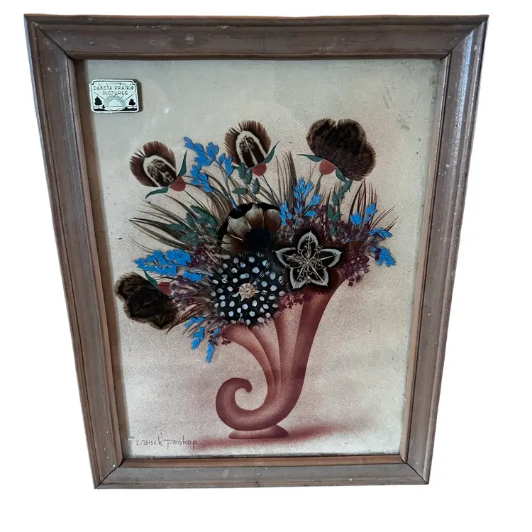 Vintage Dakota Prairie feather art picture signed original 7 x 9 Light Academia Wall Decor