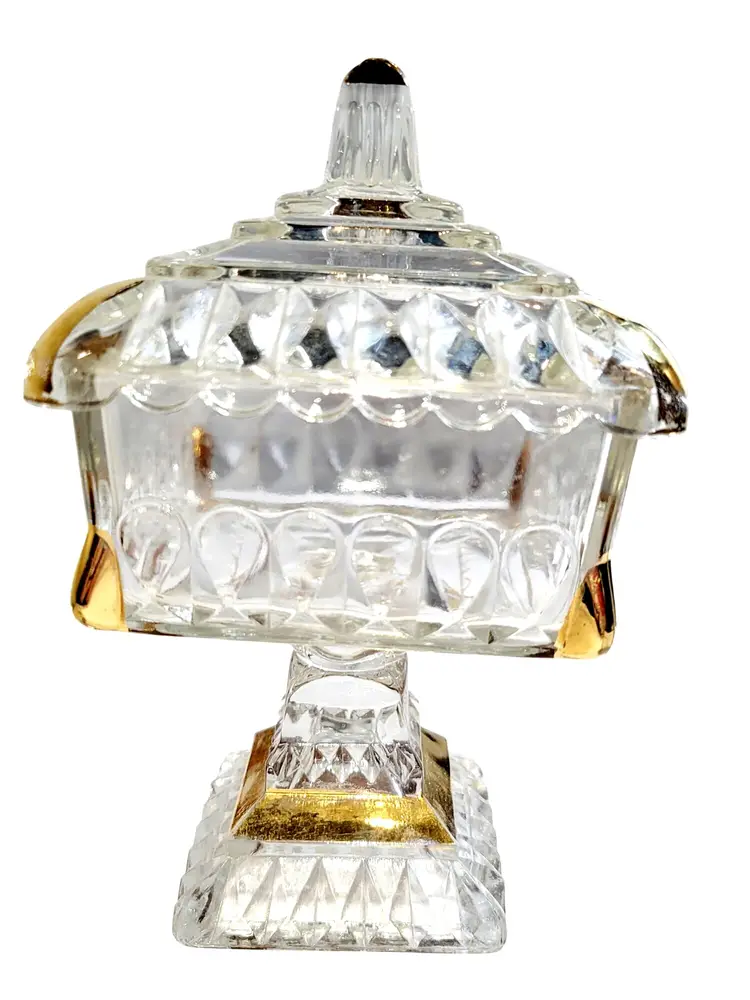 Jeannette Glass Wedding Bowl Lidded Pedestal Candy Dish Trinket Gold Trim Glassware Collectible