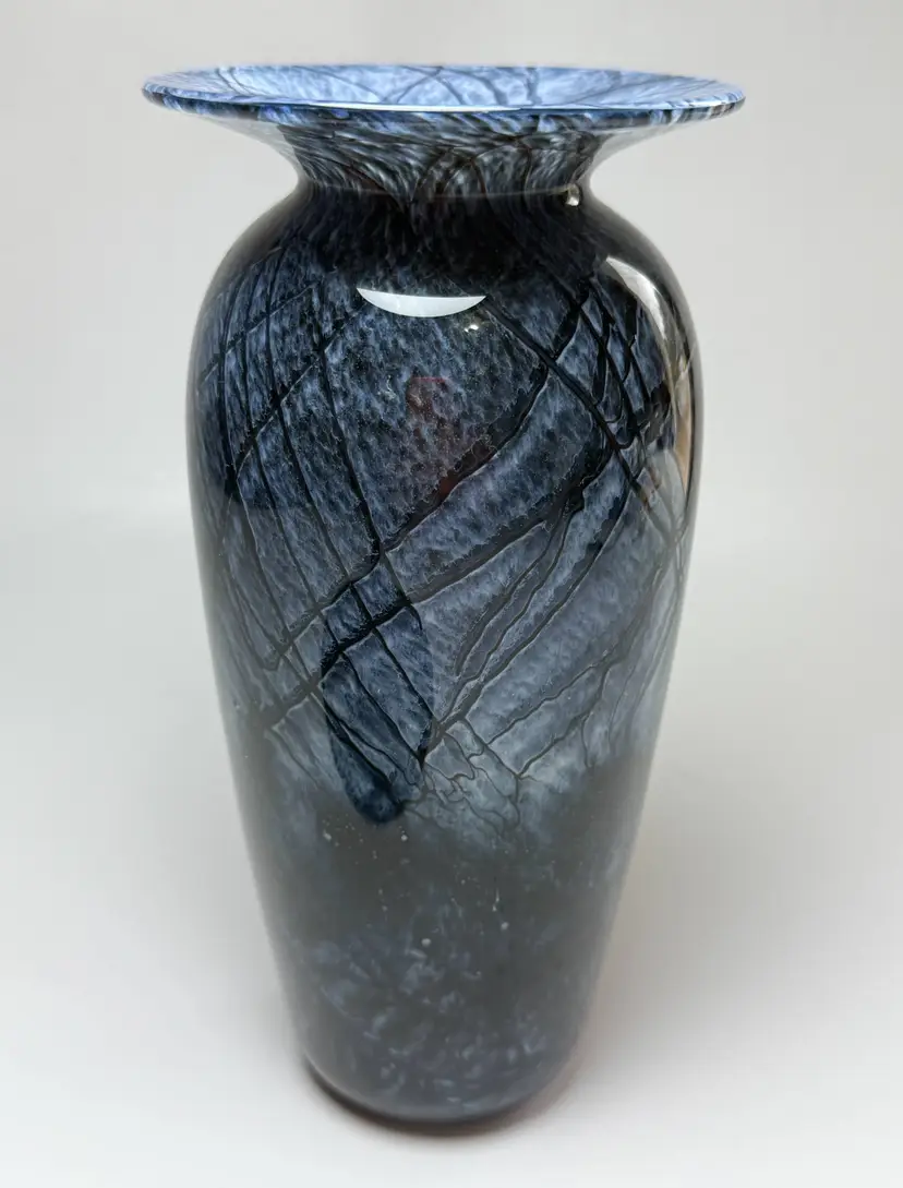 Vintage Signed 8" Nourot Art Glass Studio Vase Blue Gray Black Marble CV 84 DLL