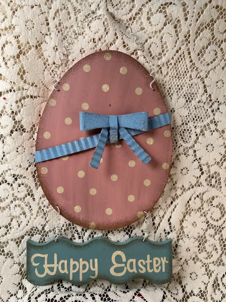 #01 113 Metal And MDF Hanging Easter Egg Happy Easter 16" X 8.5"