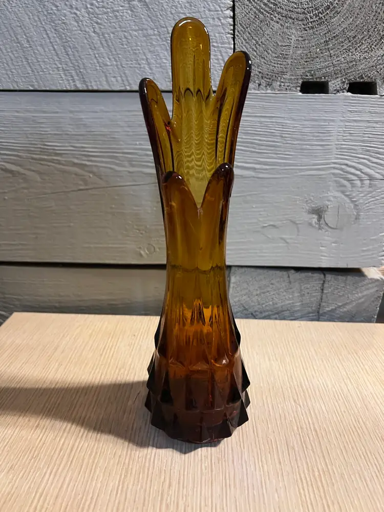 Vintage MCM Amber Swung Vase Amber Dark Rootbeer Five Finger 10” Tall