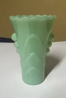 Sold
Anchor Hocking Fire King Jadeite Flower Vase Green Jadite Vintage 5.25” tall
