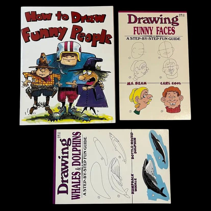 Lot Of 3 Unused Vintage How-To Drawing Books, HOW TO DRAW FUNNY PEOPLE Softcover, DRAWING FUNNY FACES A STEP-BY-STEP FUN GUIDE 1989 Softcover, DRAWING WHALES & DOLPHINS A STEP-BY-STEP FUN GUIDE 1989 Softcover, Vintage Drawing Books, How-To Drawing Books