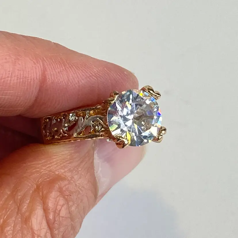 #02 Large Clear Stone Solitaire Engagement Ring Gold Tone Tiny Rhinestones Filigree