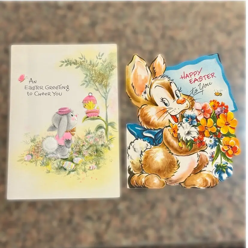 Lot/2 Vintage Easter Bunny Floral Greeting Cards, Used