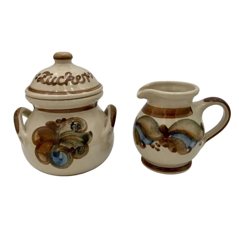 Heyde Keramik (Germany) Creamer and Lidded Sugar, Hand-painted Brown Blue Floral
