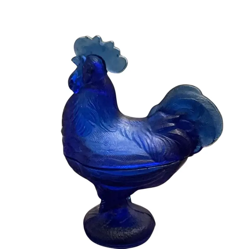 Vintage Depression Style Cobalt Blue Glass Rooster Candy Dish 9” X 7”