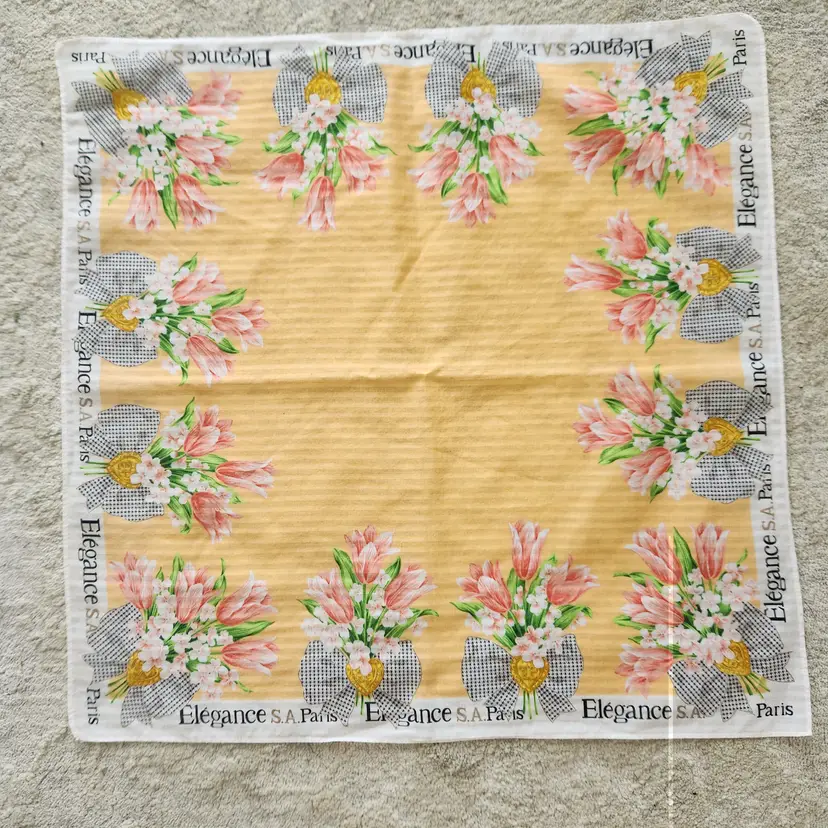 SA Paris Elegance 19" Scarf Handkerchief Floral Square Hanky Vintage Cotton Orange w Pink Tulips Black Check Bows - Italy