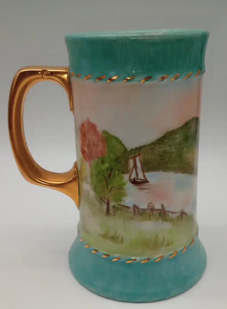 Vintage Bavaria, Germany, Hand-Painted Porcelain Stein with Scenic Landscape, Artist Signed.