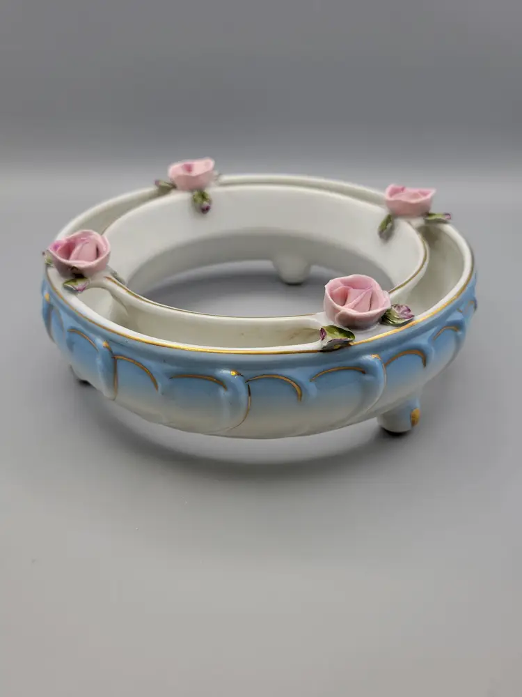 Painted Porcelain Ring Vase with Pink Roses