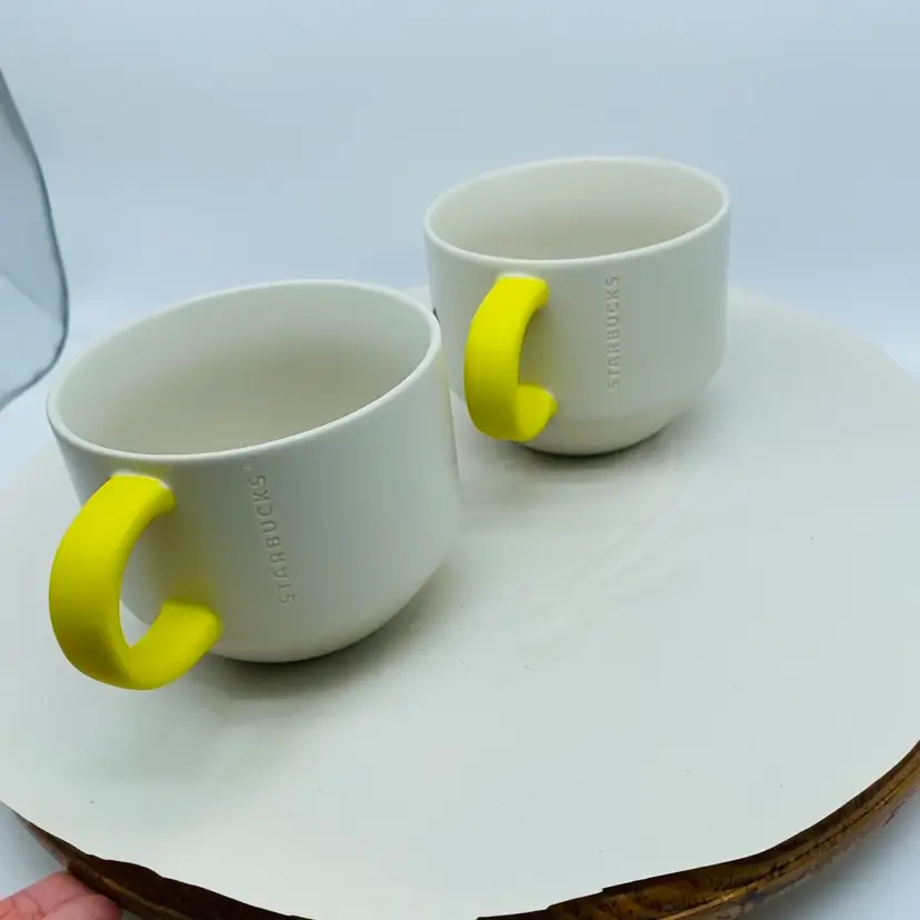 #1724 - Pair Starbucks Wink Mugs With Yellow Rubberized Handles 14 Fl Oz