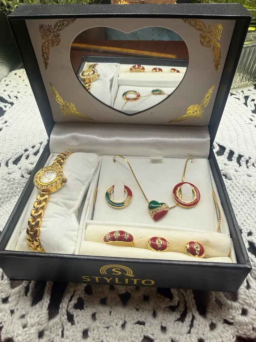 NOS Stylito Watch Necklace Earring Box Set