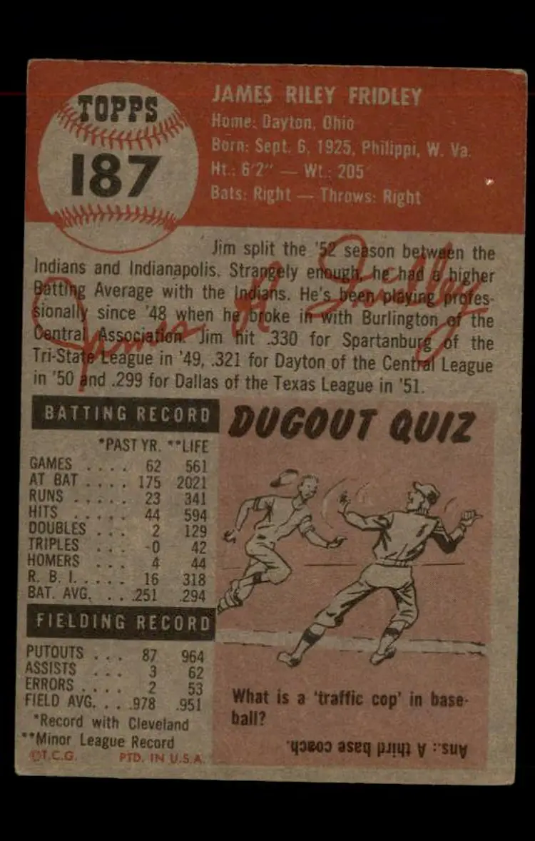1953 Topps #187 Jim Fridley - (pk-tl1) - Cleveland Indians