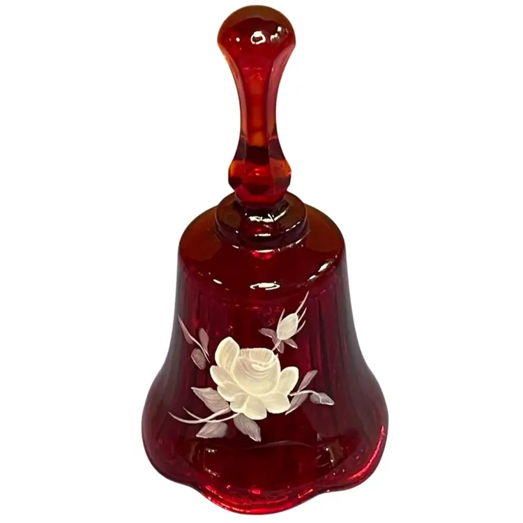 Vintage Fenton Red Ruby Bell With Hand painted White Rose