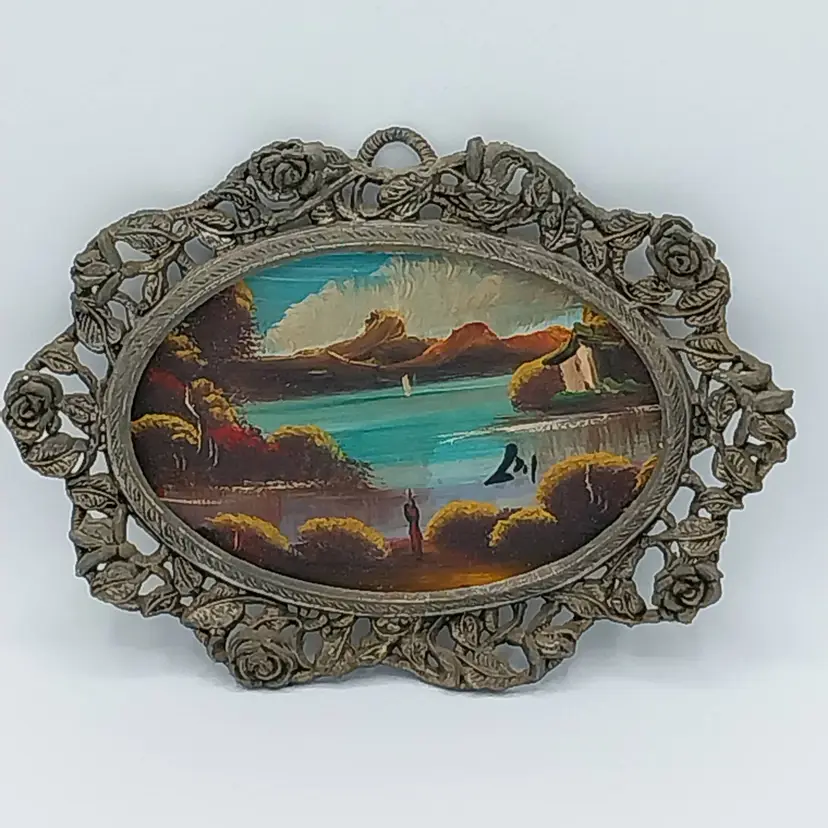 Vintage Italian Miniature Oval Oil Painting in Ornate Metal Frame E.A. RIBA Co.