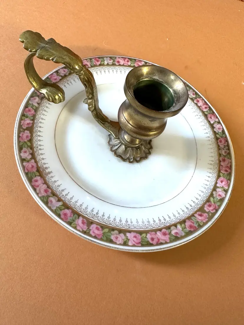 Vintage porcelain with brass Candle Holder with Handle C T Altwasser mark no chips or cracks