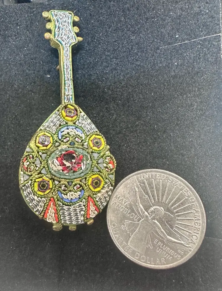 #10 Large Vintage Glass Micro Mosaic Lute Brooch