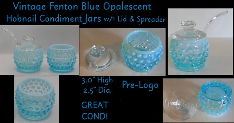Vintage Fenton Aqua Blue Opalescent Hobnail Condiment Jars, w/1 Lid & Orig. Spreader