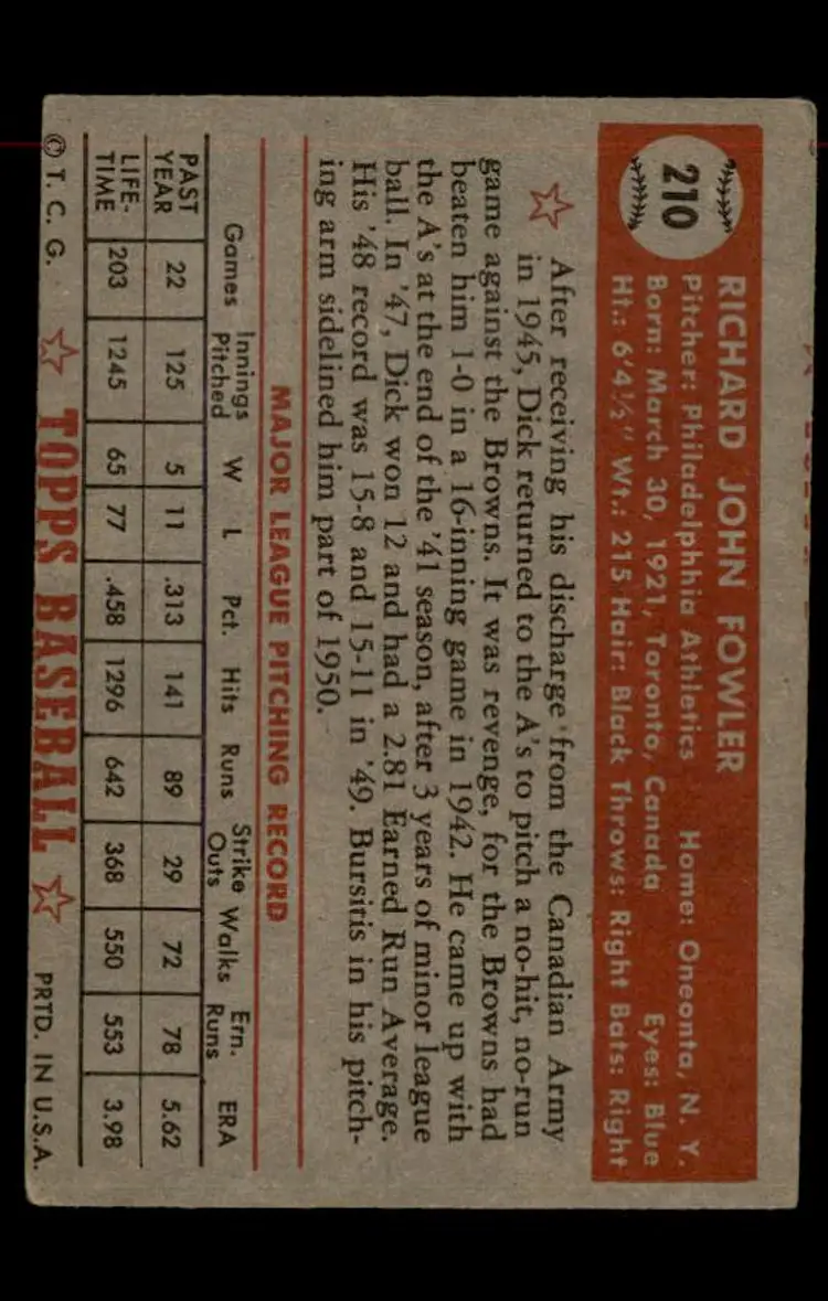 1952 Topps #210 Dick Fowler - (pk-tl1) - Philadelphia Athletics