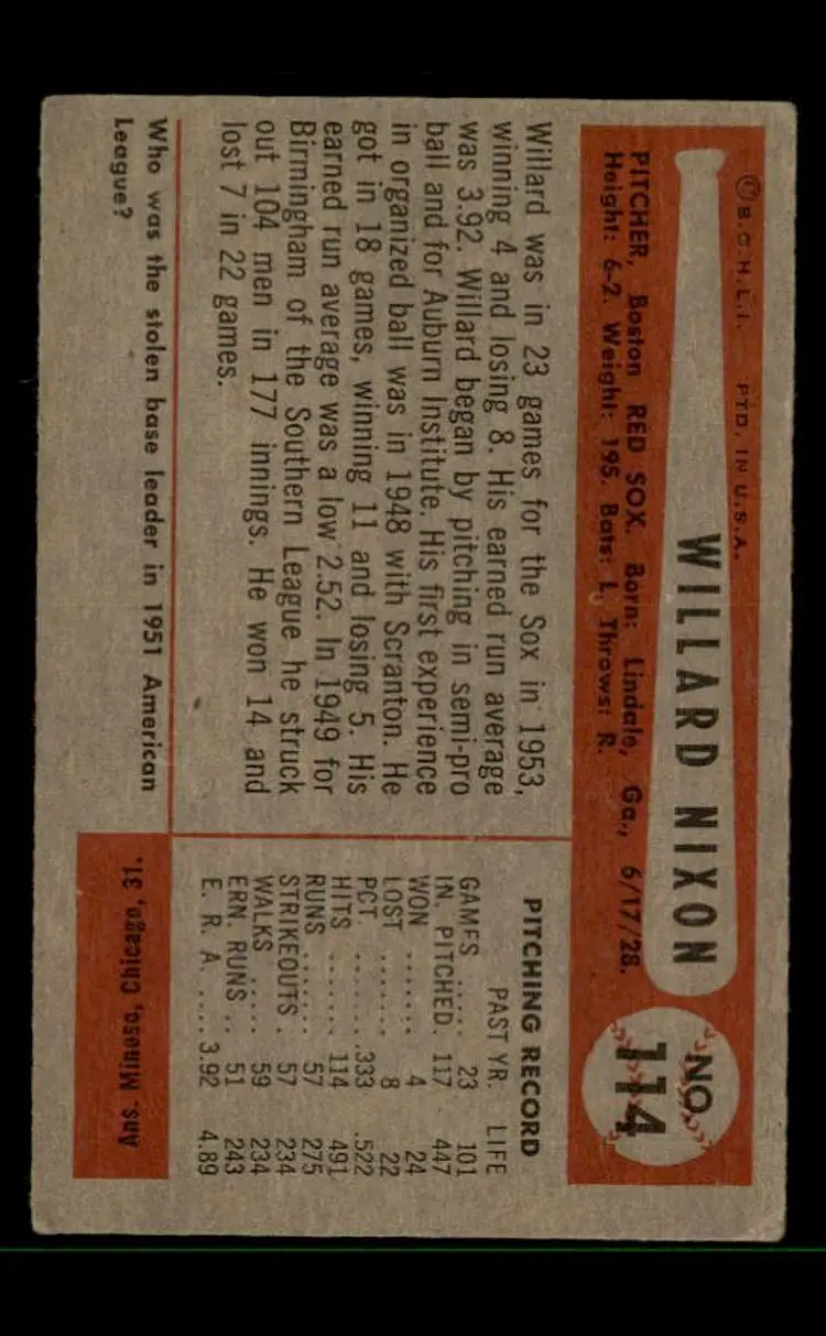 1954 Bowman #114 Willard Nixon - (pk-tl3) - Boston Red Sox