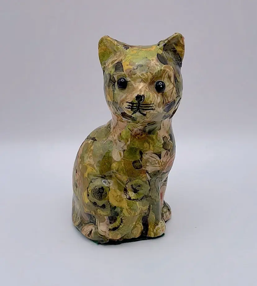 Vintage, Decoupage, Multicolor, Primarily Green and Gold, Ceramic Cat Figurine. Great for Fall decor!