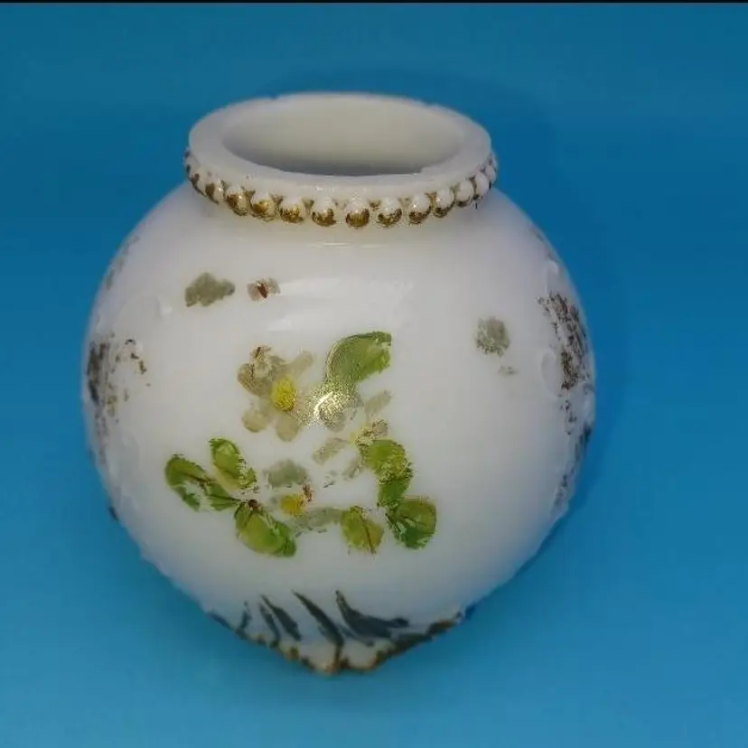 Antique Milk Glass Vase Rose Bowl Globe Embossed Victorian Gilded Hand Painted