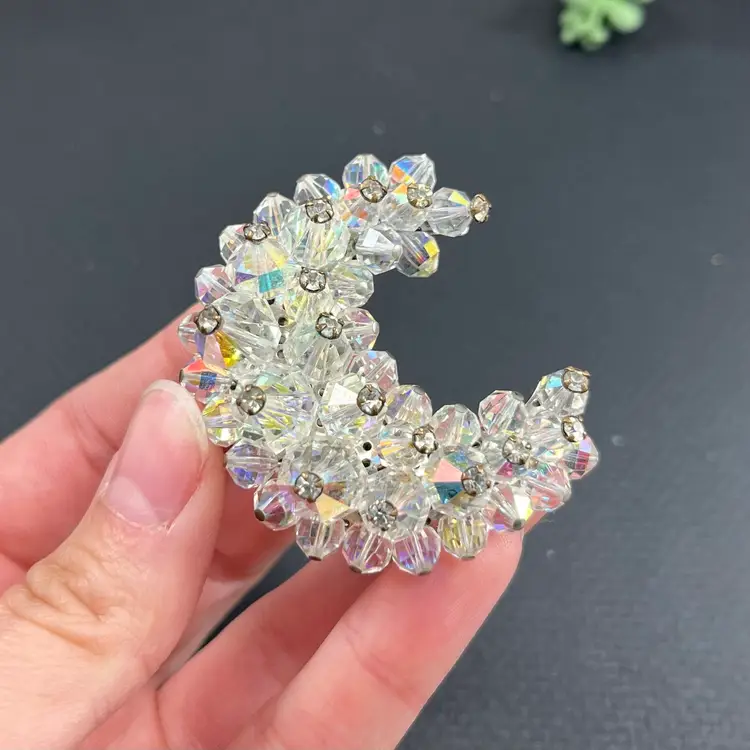 AB Crescent Moon Brooch, Iridescent Faceted Beads And Rhinestones Crescent Shaped Brooch, Vintage Costume Jewelry, Vintage Costume Brooch