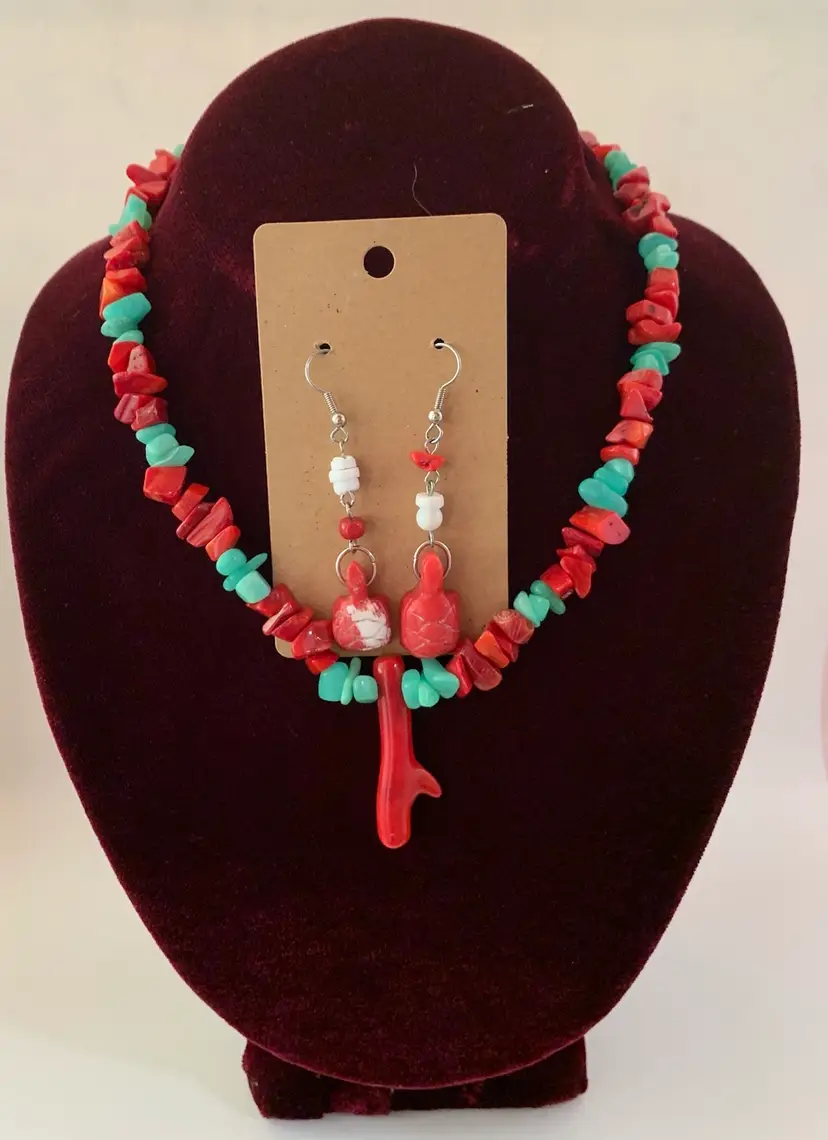 Red Coral And Aventurine Necklace And Red Coral Turtle Earrings 