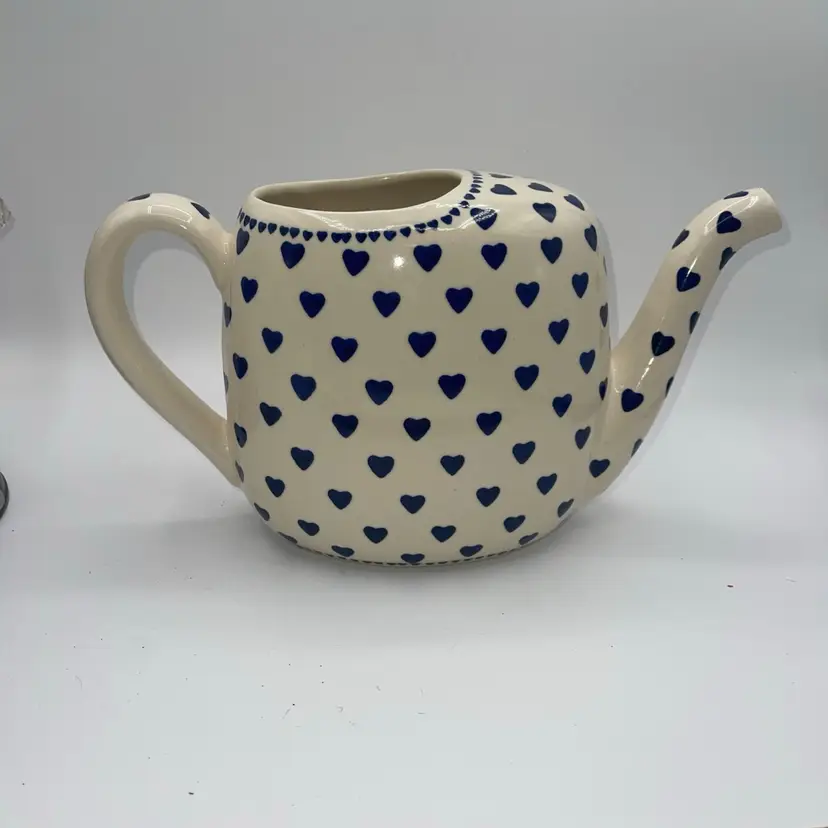 Boleslawiec Polish Pottery Pitcher Handmade Ceramic Blue Hearts Watering Can