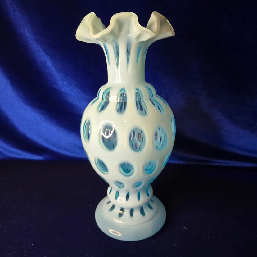 244 Fenton Blue Opal Vase Coin Dot 11" GLOWS