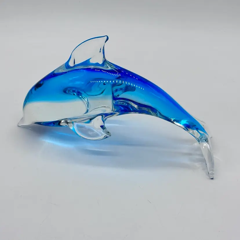 Art Glass Blue Gradient Clear 10" Handblown Dolphin Large Figurine Statue