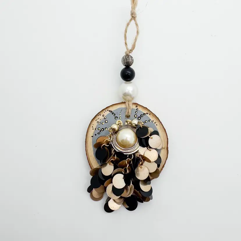 Pearl Beaded Black Gold Cha-cha Handmade Bauble Ornament Repurposed Jewelry