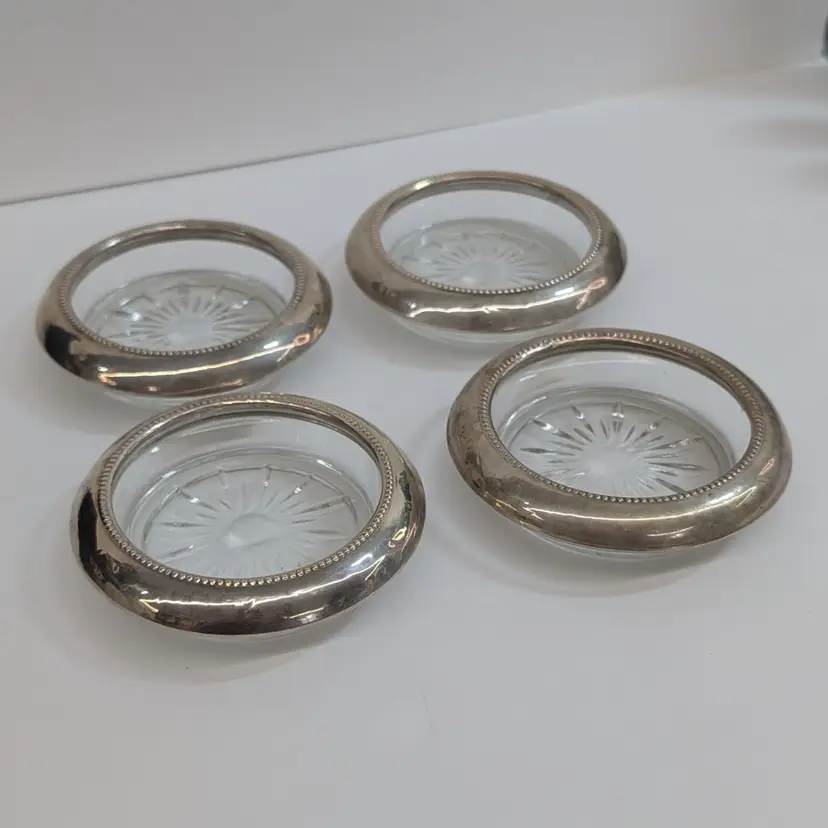Vintage Set of 4 Coasters Frank M. Whiting & Co. Sterling Silver Rim & Glass