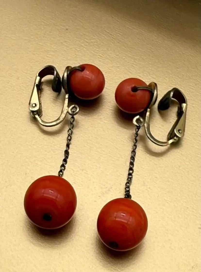 Vintage Red Beaded Dangles Clip On Marked VOGUE  JLRY