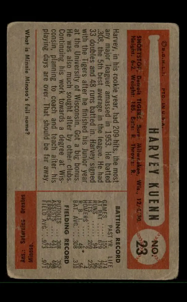 1954 Bowman #23 Harvey Kuenn - (pk-tl3) - Detroit Tigers