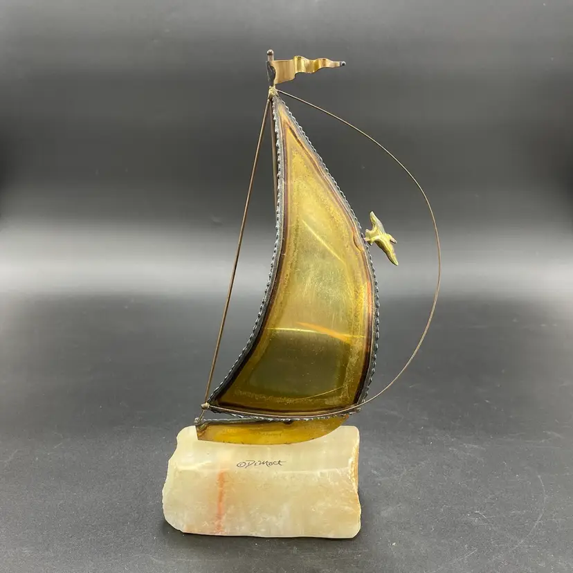 John DeMott Brass on Onyx Sailboat Bird Sculpture Signed VTG MCM Nautical Ocean