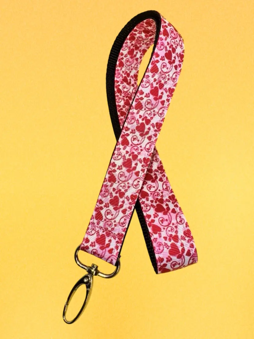Keychain Lanyard Key Holder Pink Hearts Valentine’s Day NEW Handmade 19.5”