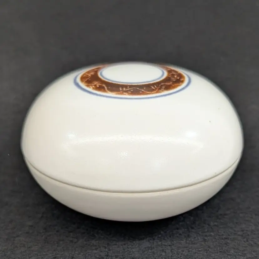 Vintage White Pottery Lidded Trinket Box Round Brown & Blue Motif Japanese Style