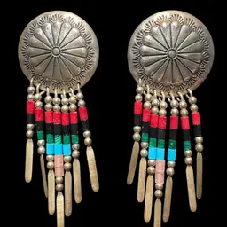 Native American sterling silver concho earrings with bead and tine tassels.