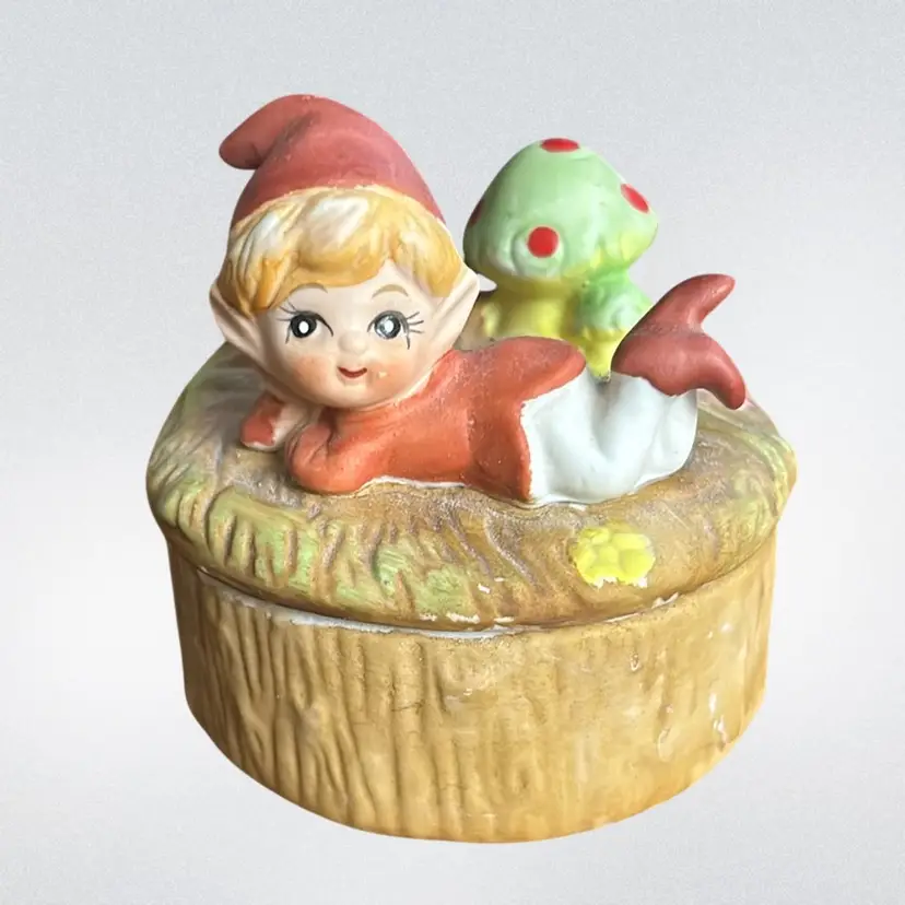 Pixie With Green Mushroom Trinket Box