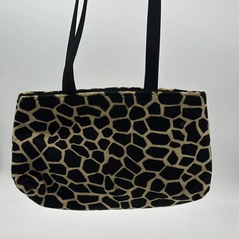 Handbag Lancome Vintage Faux Giraffe Fur Tote 12”Wx8” Camel Brown Black Animal Print Shoulder Bag Raver Punk Rocker Grunge Cyber Y2K