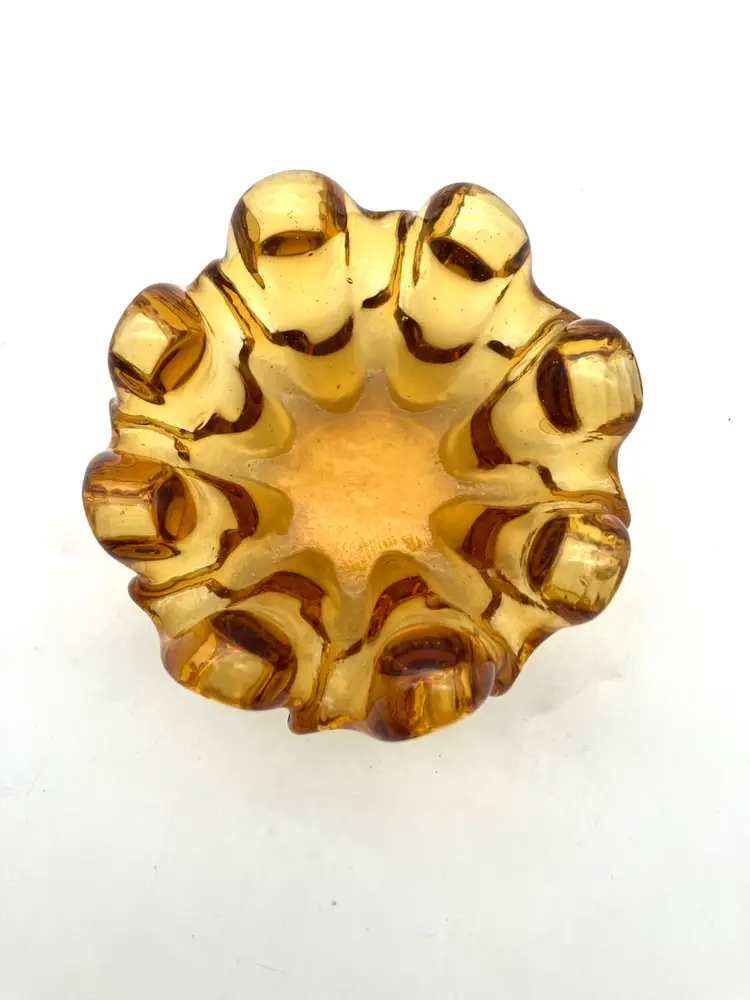 BIN - Vintage MCM Amber Art Glass Mini 3.25” Bowl Trinket Dish Ashtray Pinched Edges