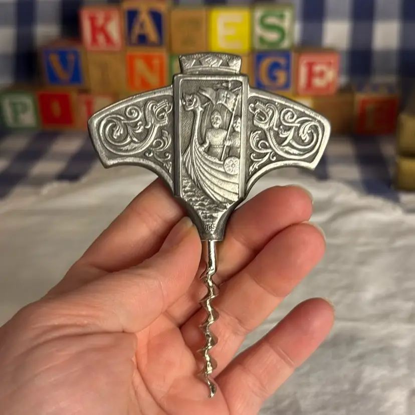 Konge Tinn Norwegian Pewter Corkscrew Wine Bottle Opener 4.25” Viking Ship Norway