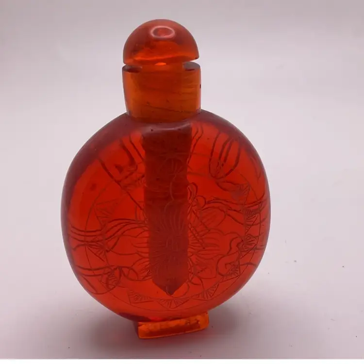 FFF VTG Carved Snuff Bottle with Flowers and Scrolls 3” x 1.75”