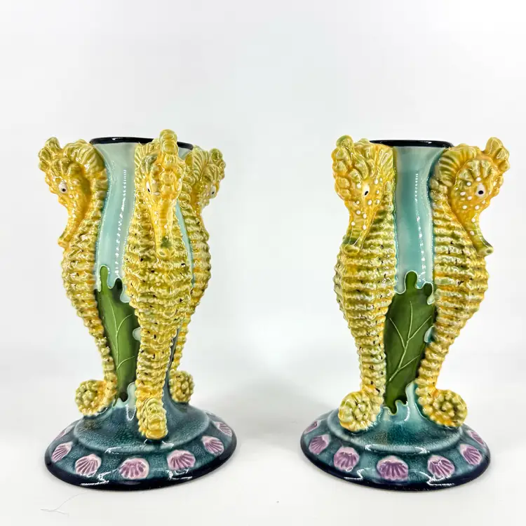 J. McCall Blue Sky Sea Stars Scallops Seahorse Majolica Candlestick Holder