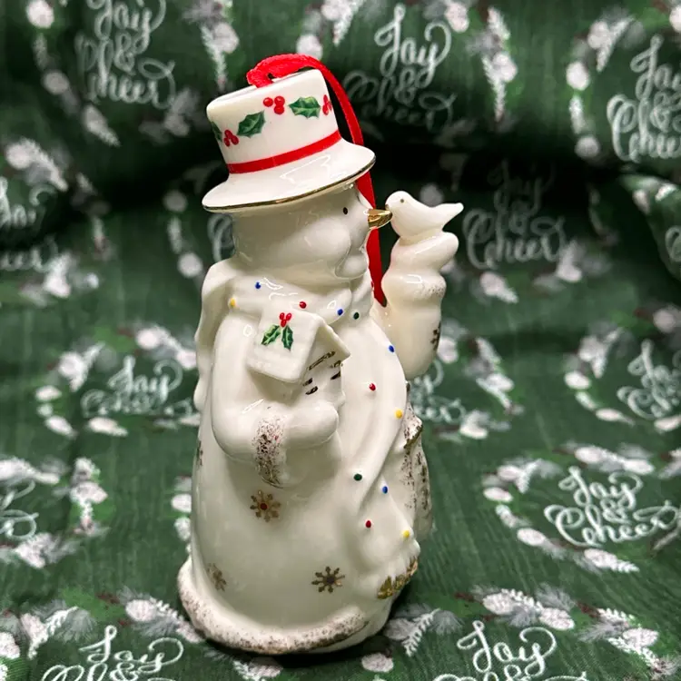 Vtg Snowman  Baum Bros Snowman Ornament Ivory Gold With Velvet Box New Batteries