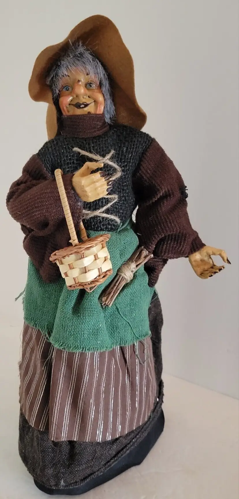 Vtg Halloween Witch Warlock Paper Mache Fabric 15" Figure Tree Topper Decor J